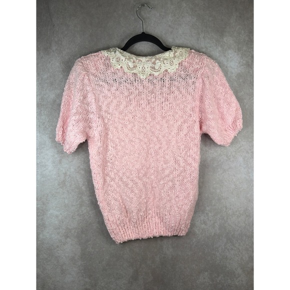 VTG 80s  Crystal Sportswear Sweater Women Large Pink Lace Collar Short Sleeve - Picture 5 of 5